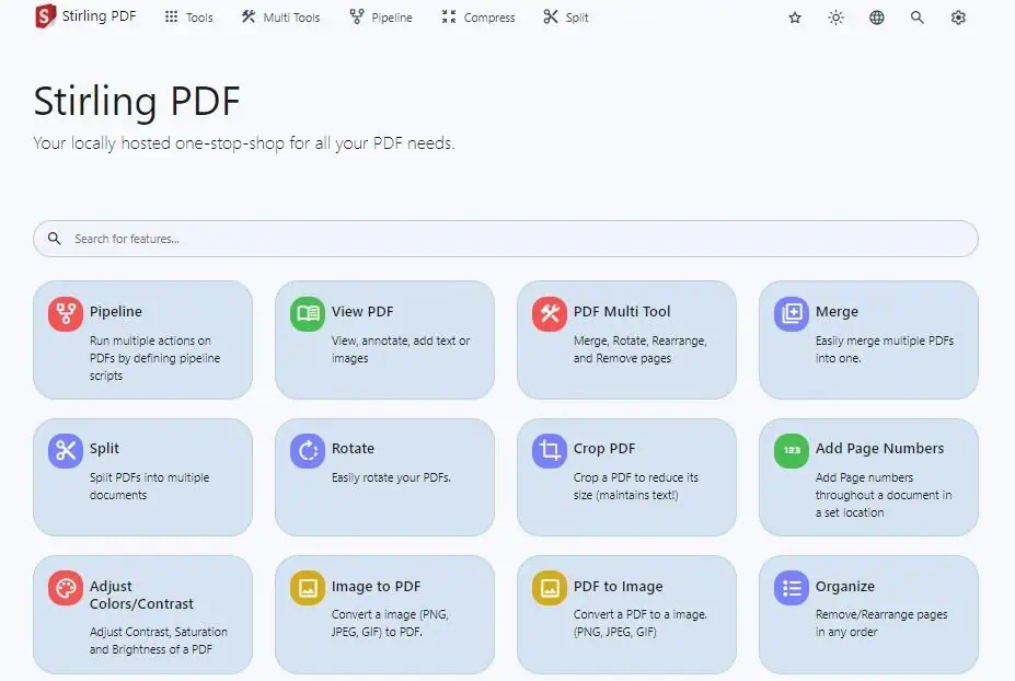 Screenshot of Stirling PDF's home screen, featuring a number of tools for editing PDF files