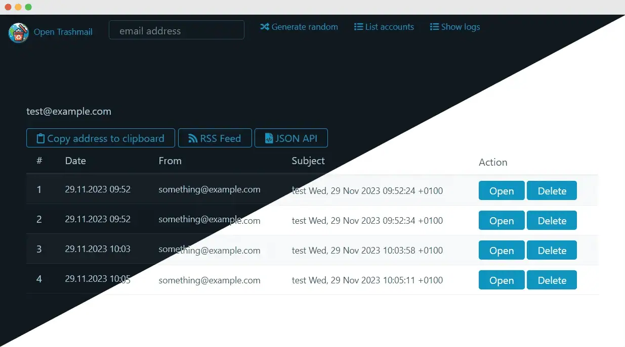 A screenshot of Open Trashmail's dashboard for managing the inbox of an individual address generated by the software.