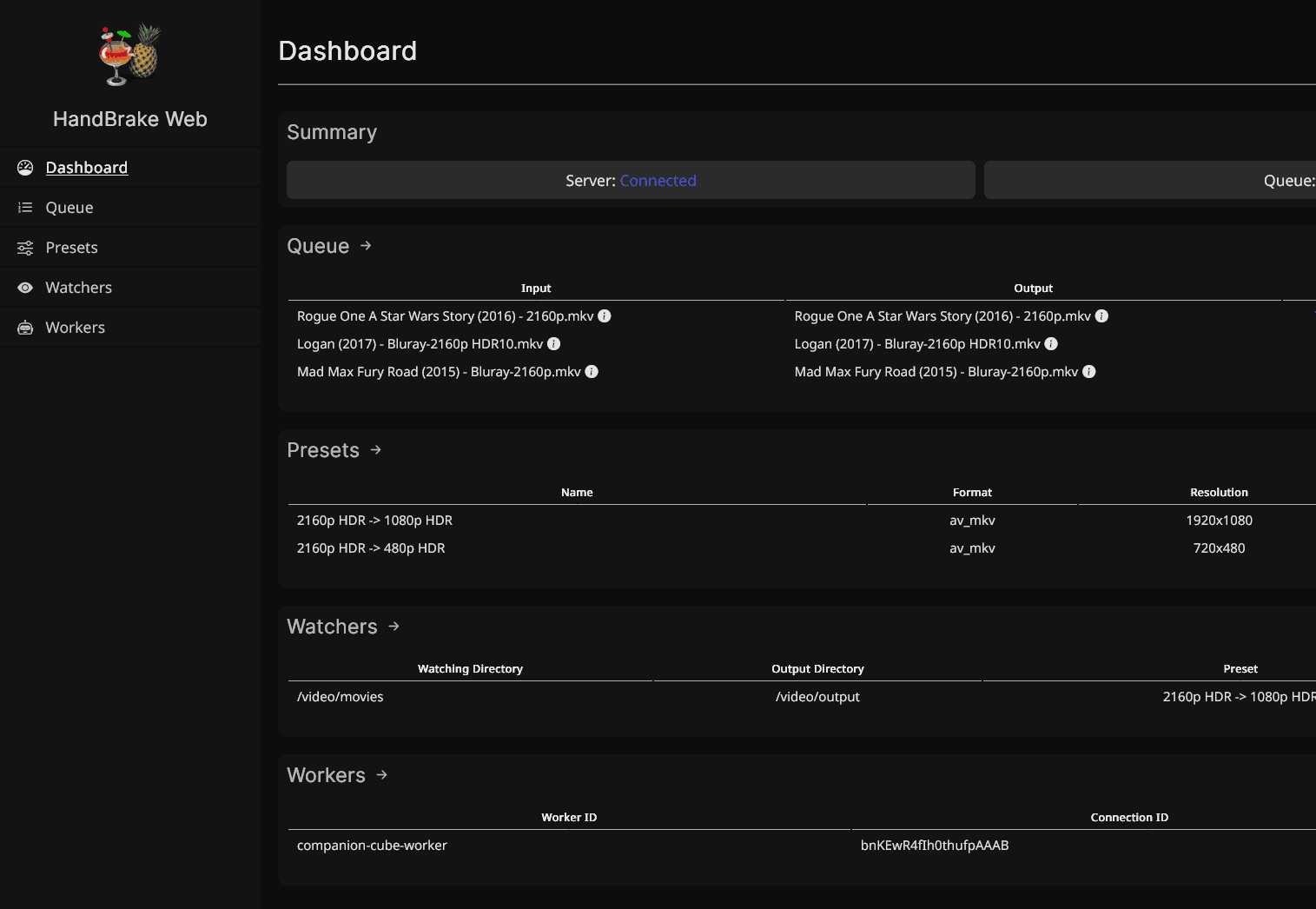 A screenshot of Handbrake Web's dashboard, showing a list of media items in the queue and other relevant information (presets, watchers, and workers).