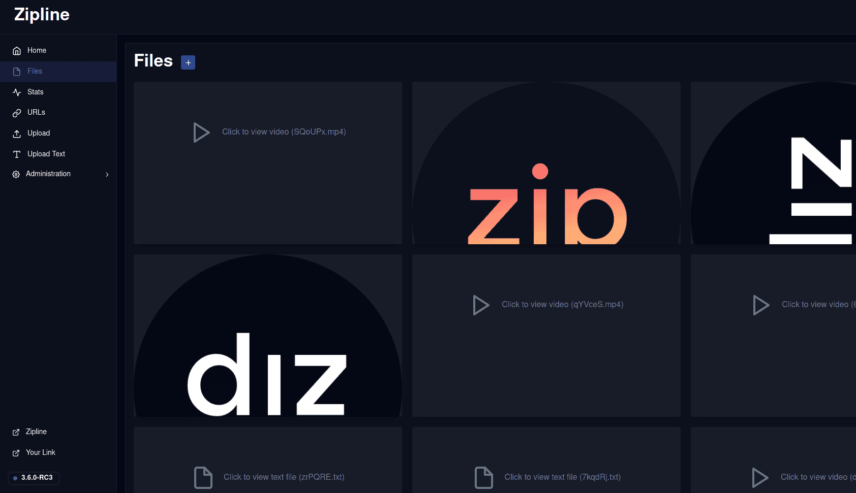 A screenshot of Zipline's dashboard, including menu options to the left and a grid of files uploaded to the server with previews when available.